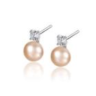 Sterling Silver Fashion Simple Geometric Round Pink Freshwater Pearl Stud Earrings With Cubic Zirconia Silver - One Size