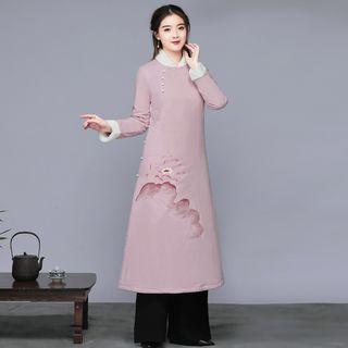 Printed Long-sleeve Midi A-line Padded Dress