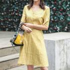 Elbow-sleeve Checker A-line Dress