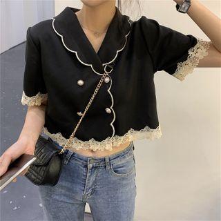 Lace Short-sleeve Cropped Blouse Black - One Size