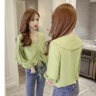 Collared Drawstring Lantern-sleeve Blouse