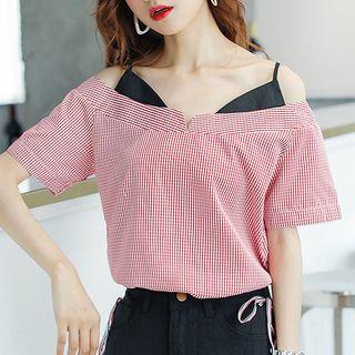 Plaid Short-sleeve Mock Two-piece Top