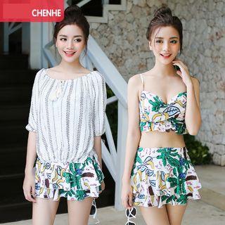 Set : Floral Print 2-piece Bikini + Swim Skirt + Cover-up