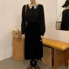 Long-sleeve Lace Trim Velvet Midi A-line Dress Black - One Size