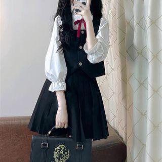 3/4-sleeve Plain Blouse / Mini Pleated Skirt / Button-up Vest / Ribbon / Set