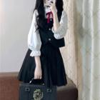 3/4-sleeve Plain Blouse / Mini Pleated Skirt / Button-up Vest / Ribbon / Set