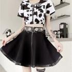Short Sleeve Cow Print Zip Cropped Jacket / Zip Mini A-line Skirt