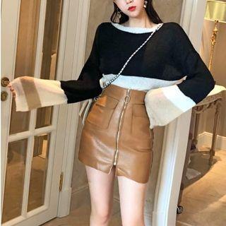 Color Block Knit Top/high Waist Hoop Zipper Skirt