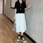 Set: Elbow-sleeve Button-up Top + Midi A-line Skirt