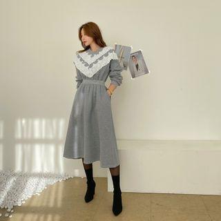 Lace-trim Gather-waist Long Dress