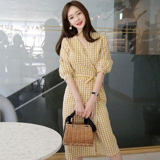 3/4-sleeve Checker Wrap Dress