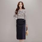 Set: Tie-neck Striped Blouse + Striped Skirt