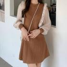 Long-sleeve Two-tone Frill Trim Knit Mini A-line Dress