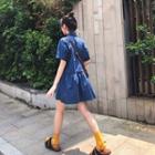 Irregular Short-sleeve Shirtdress Blue - One Size
