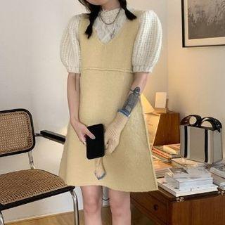 Short-sleeve Cable Knit Sweater / A-line Overall Dress