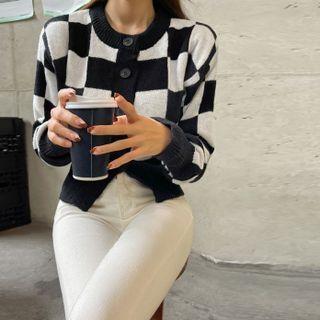 Padded-shoulder Checked Cardigan