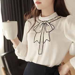 Bow-appliqu  Beaded Chiffon Blouse