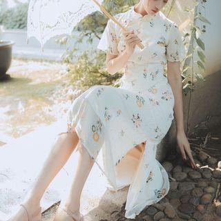 Short-sleeve Floral Print Midi A-line Qipao