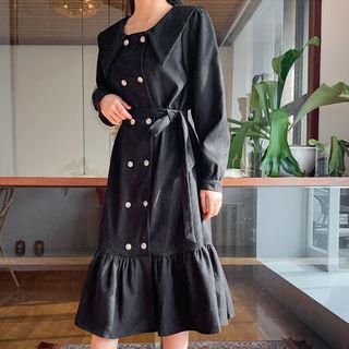 Double-breasted Ruffle-hem Dress With Sash