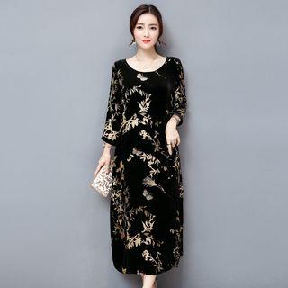Butterfly Print 3/4 Sleeve Velvet Dress