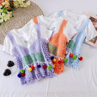 Set : Cutout Lace Camisole Top + Plain Short-sleeve Top