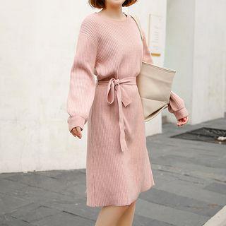 Long-sleeve Sashed Knit Dress