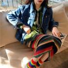 Color Block Cardigan / Denim Jacket / Striped Midi Straight-fit Knit Skirt