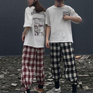 Printed Elbow-sleeve T-shirt / Plaid Harem Pants