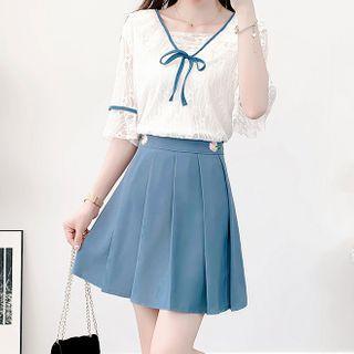 V-neck Bow Accent Lace Top + High-waist Plain Pleated Mini Skirt
