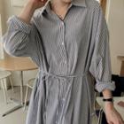 Stripe Loose-fit Maxi Shirtdress With Sash