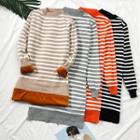Brushed Fleece-lined Striped Long Knit Top