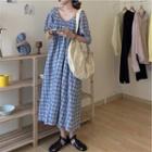 Puff-sleeve Off-shoulder Plaid Maxi Dress