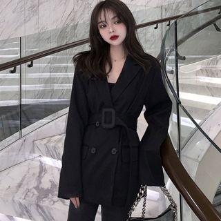Double-breasted Plain Slim Blazer With Belt