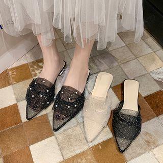 Pointy Mesh Faux Pearl Mules