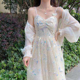 Spaghetti-strap Butterfly Embroidered Midi A-line Dress / Light Jacket