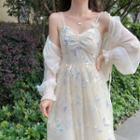 Spaghetti-strap Butterfly Embroidered Midi A-line Dress / Light Jacket
