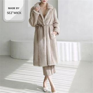 Notch-lapel Eco-fur Coat Beige - One Size