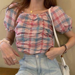 Off-shoulder Plaid Shirred Blouse Pink - One Size