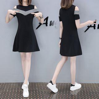 Striped Short-sleeve Cold Shoulder A-line Dress