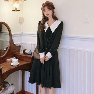 Long-sleeve Contrast Collar A-line Midi Dress