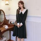 Long-sleeve Contrast Collar A-line Midi Dress