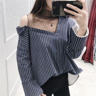 Mesh Panel Striped Mock Two-piece Blouse