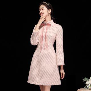 Long-sleeve Ribbon Accent Patterned A-line Dress