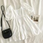 Plain Square-neck Puff-sleeve Dress White - One Size