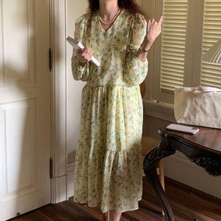 Long-sleeve Flower Print Midi Shift Dress Yellow - One Size
