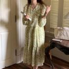 Long-sleeve Flower Print Midi Shift Dress Yellow - One Size
