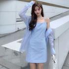 Long-sleeve Plain Light Shirt / Gingham Sleeveless Mini Sheath Dress