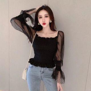 Bell-sleeve Dotted Smocked Top