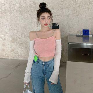 Off Shoulder Color-block Long-sleeve Knit Top Pink - One Size