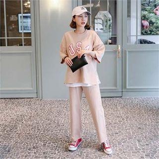 Set: 3/4-sleeve Lettering Sweatshirt + Wide-leg Pants